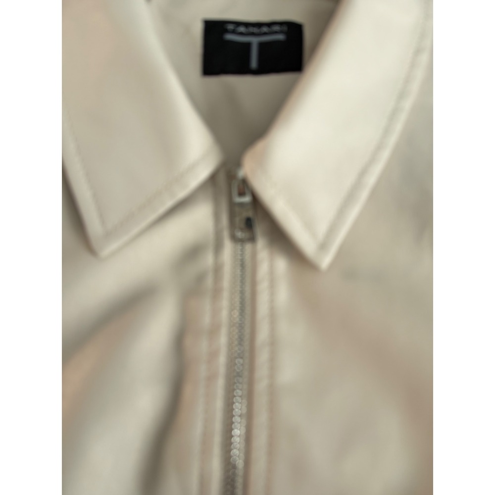 Tahari Faux Leather Jacket Womens Small Beige Puff Sleeve Bomber Moto - Picture 11 of 13